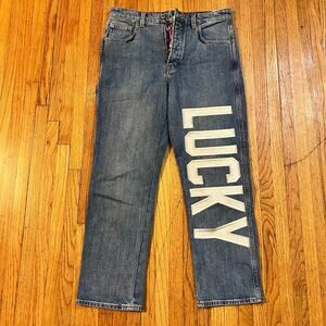 Lucky Jeans Womens 28 Spellout Straight Dungaree Button Fly Blue Denim crop